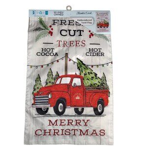 Fresh Cut Trees Red Truck Merry Christmas 18 inch Embroidered Yard Flag